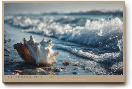 Paul Sinus Wandbild 120x80cm Listening to the Tide Muschel am Strand mit Wellen Maritime Natur Kunst fuer Wohnzimmer Schlafzimmer Bad und Büro
