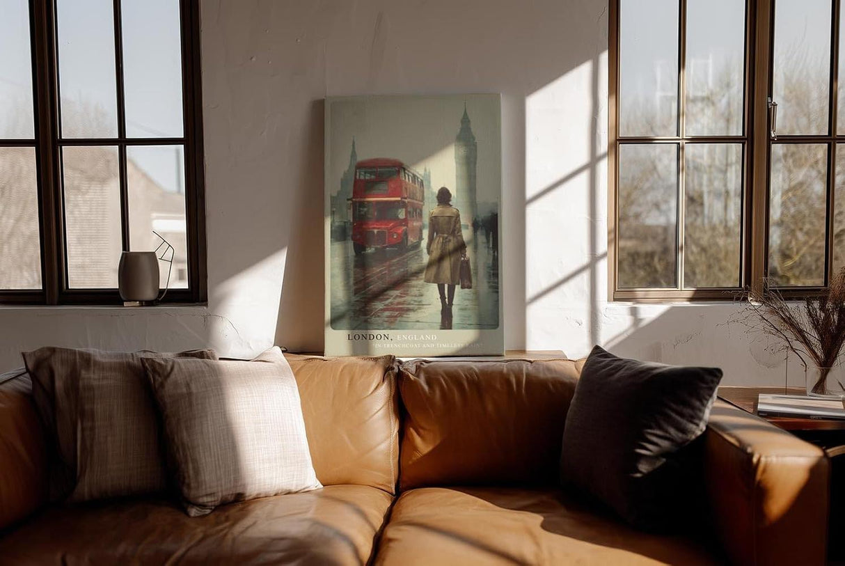 Paul Sinus Wandbild in 40x60cm London, England – Malerische Straßenszene mit rotem Doppeldeckerbus und Big Ben im Hintergrund, stilvolle Stadtansicht im Regen