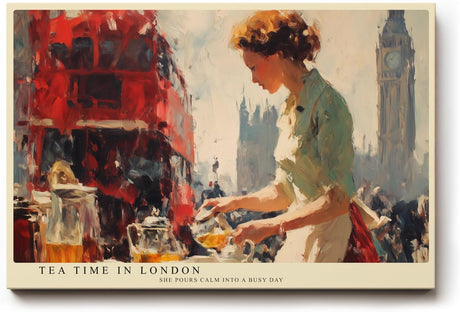 Paul Sinus Wandbild 120x80cm London Szene mit Doppeldeckerbus und Teeverkäuferin Moderne Stadt Kunst für Wohnzimmer Küche Büro