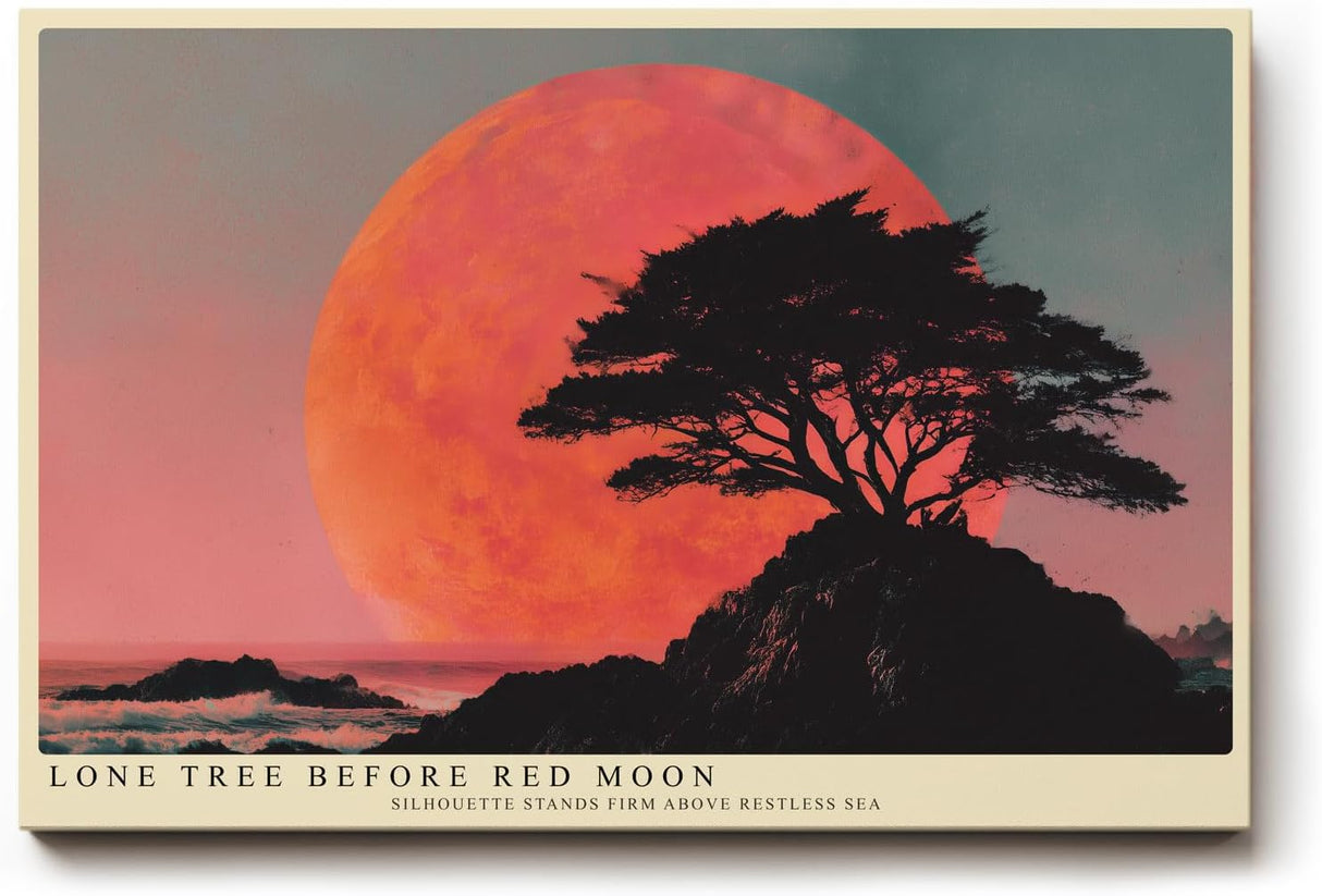 Paul Sinus Wandbild 120x80cm Lone Tree before Red Moon dramatische Landschaft mit Baum und rotem Mond Kunst Poster für Wohnzimmer Büro