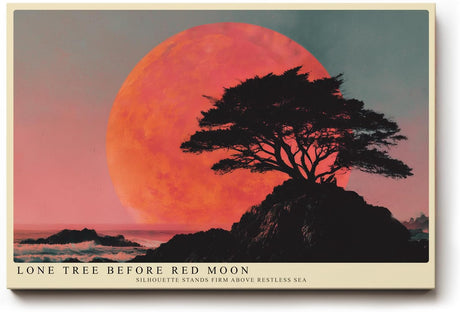 Paul Sinus Wandbild 120x80cm Lone Tree before Red Moon dramatische Landschaft mit Baum und rotem Mond Kunst Poster für Wohnzimmer Büro