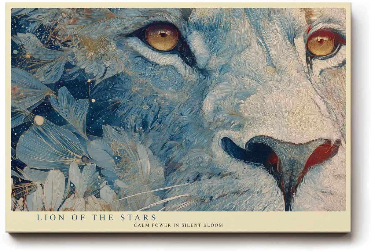 Paul Sinus Wandbild 120x80cm Löwe Sternenblüten Kunst LeinWandbild 120x80cm Mystisches Tierportrait Wanddekoration