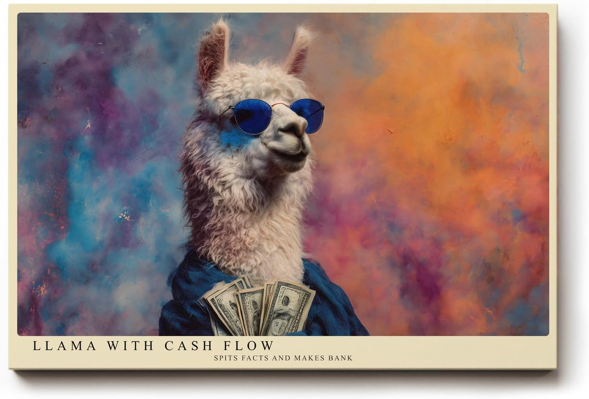 Paul Sinus Wandbild 120x80cm Lustiges Lama mit Sonnenbrille und Geldscheinen modernes Tierposter humorvolle Pop Art Tierkunst Kunstdruck Bild für Wohnzimmer Büro Bar Dekoration