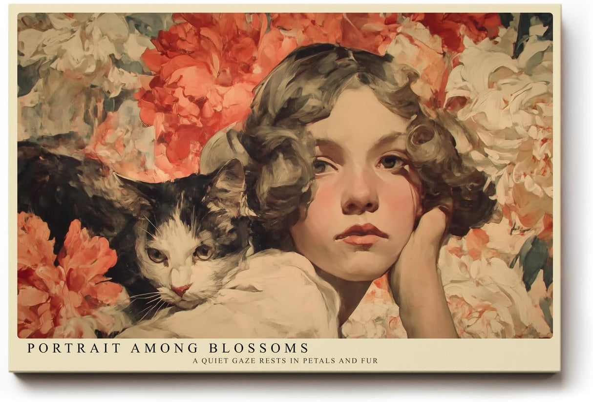 Paul Sinus Wandbild 120x80cm Maedchen mit Katze Blumen Portrait romantische Kunst Wanddekoration Wohnzimmer Schlafzimmer