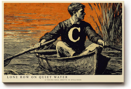 Paul Sinus Wandbild 120x80cm Mann im Boot auf Ruhigem Wasser Vintage Illustration Kunst in Schwarz Orange Wanddekoration
