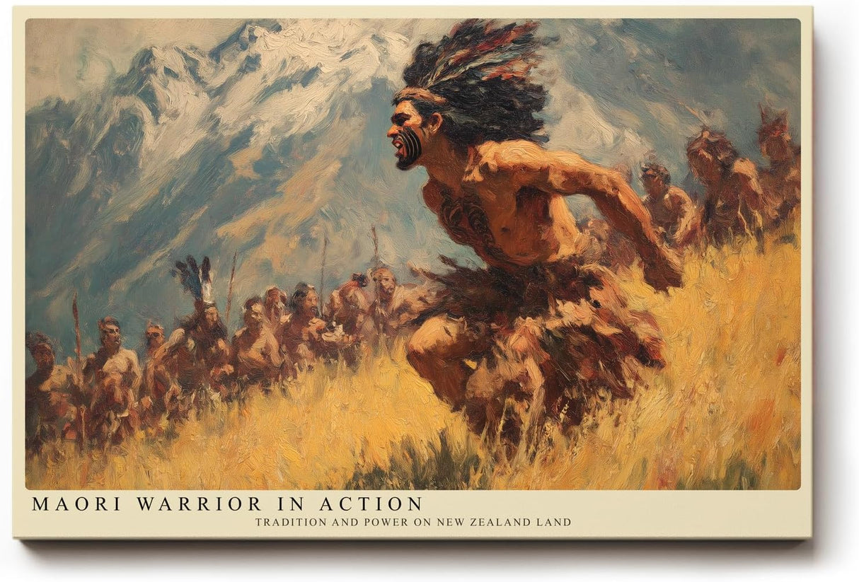 Paul Sinus Wandbild 120x80cm Maori Krieger in Bewegung – Ausdrucksstarke historische Szene mit traditioneller Kultur und Naturkulisse