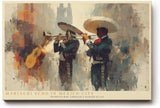 Paul Sinus Wandbild 120x80cm Mariachi Echo in Mexico City Musiker mit Trompeten Kunstvolle Stadt Szene im Malerischen Stil fuer Wohnzimmer und Büro