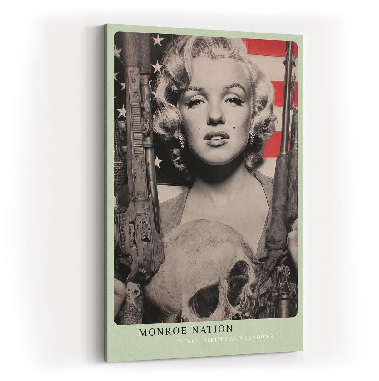 Paul Sinus Wandbild in 40x60cm Marilyn Monroe mit Gewehren in Schwarz-Weiß vor US-Flagge – ausdrucksstarkes Pop-Art-Porträt