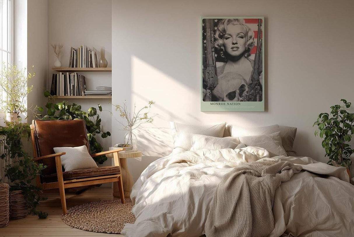 Paul Sinus Wandbild in 40x60cm Marilyn Monroe mit Gewehren in Schwarz-Weiß vor US-Flagge – ausdrucksstarkes Pop-Art-Porträt