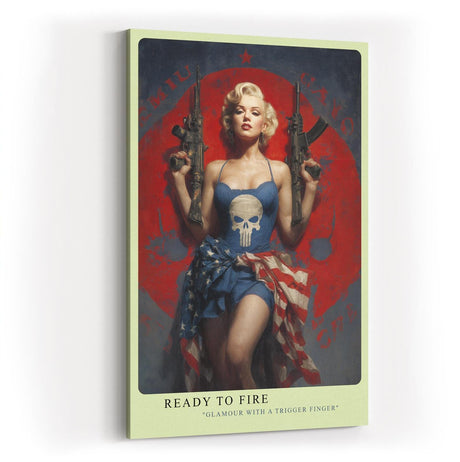 Paul Sinus Wandbild in 40x60cm Marilyn Monroe mit Gewehren und US-Flagge – glamouröses Pop-Art-Motiv mit rebellischer Note