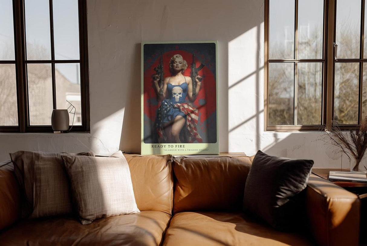 Paul Sinus Wandbild in 40x60cm Marilyn Monroe mit Gewehren und US-Flagge – glamouröses Pop-Art-Motiv mit rebellischer Note