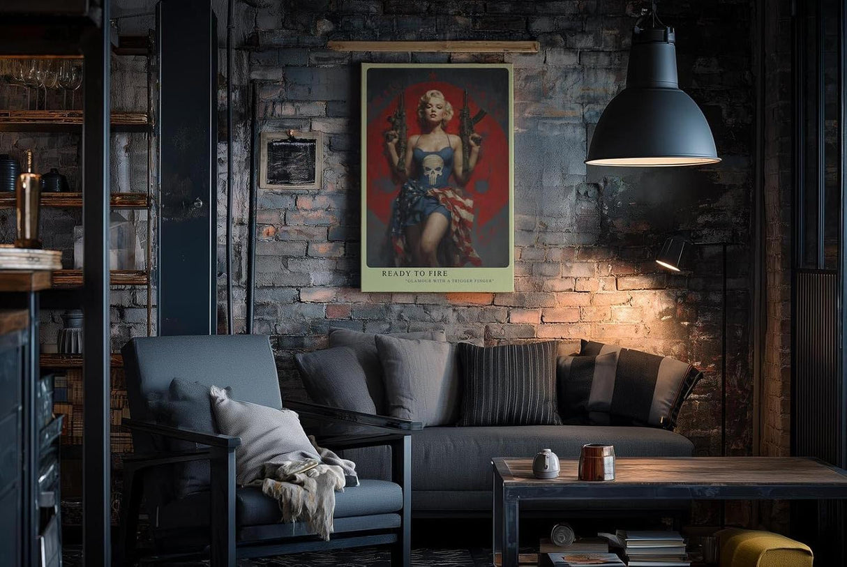 Paul Sinus Wandbild in 40x60cm Marilyn Monroe mit Gewehren und US-Flagge – glamouröses Pop-Art-Motiv mit rebellischer Note