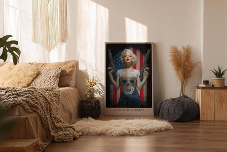 Paul Sinus Wandbild in 40x60cm Marilyn Monroe mit Gewehren vor US-Flagge – provokantes Pop-Art-Motiv mit rebellischem Glamour