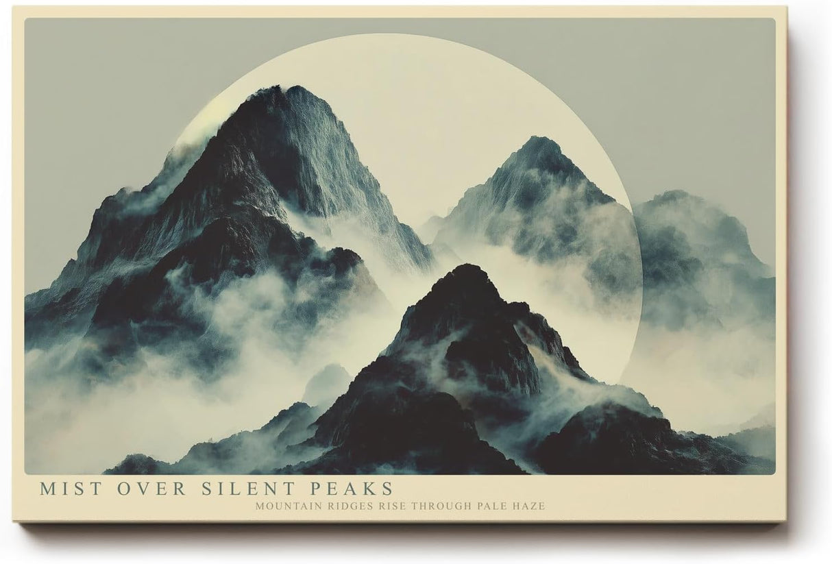 Paul Sinus Wandbild 120x80cm Mist over Silent Peaks Nebel Berge Landschaft Minimalistische Natur Kunst fuer Wohnzimmer Schlafzimmer und Büro