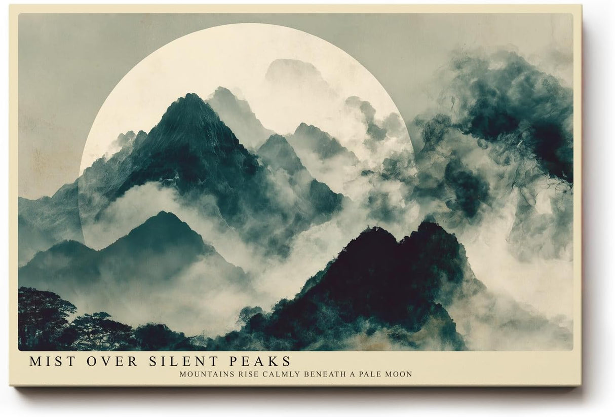 Paul Sinus Wandbild 120x80cm Mist over Silent Peaks asiatische Berglandschaft mit Nebel und Mond Kunst Poster für Wohnzimmer Büro