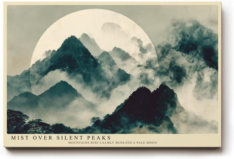 Paul Sinus Wandbild 120x80cm Mist over Silent Peaks asiatische Berglandschaft mit Nebel und Mond Kunst Poster für Wohnzimmer Büro