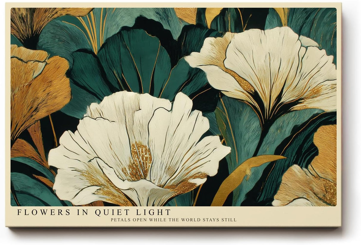 Paul Sinus Wandbild 120x80cm Moderne Blumen Kunst in Grün Gold und Creme Elegantes Florales Design für Wohnzimmer Schlafzimmer Büro