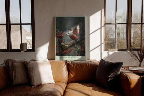Paul Sinus Wandbild in 40x60cm Moment of Ascent Rot-weißer Vogel im Aufstieg auf einem Zweig mit roten Beeren vor natürlichem Hintergrund