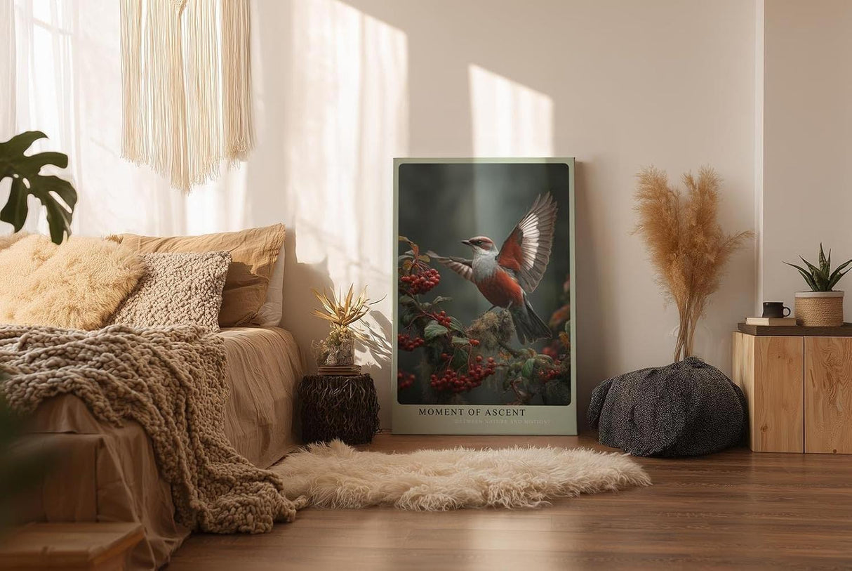 Paul Sinus Wandbild in 40x60cm Moment of Ascent Rot-weißer Vogel im Aufstieg auf einem Zweig mit roten Beeren vor natürlichem Hintergrund