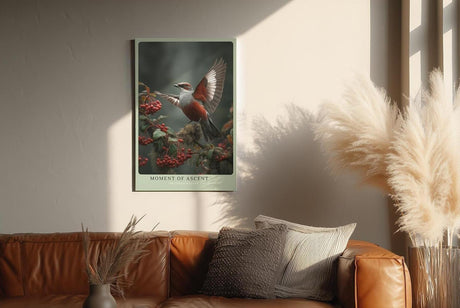 Paul Sinus Wandbild in 40x60cm Moment of Ascent Rot-weißer Vogel im Aufstieg auf einem Zweig mit roten Beeren vor natürlichem Hintergrund