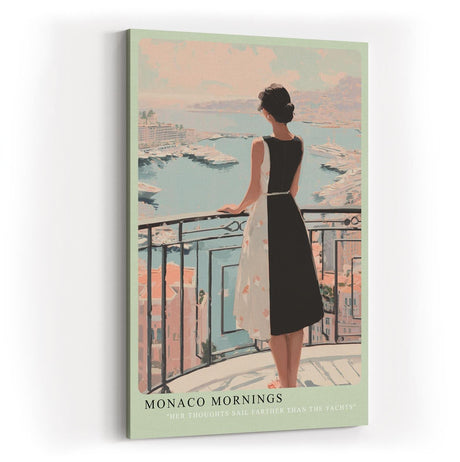 Paul Sinus Wandbild in 40x60cm Monaco Mornings – Elegantes Porträt einer Frau auf einem Balkon mit Blick auf den Hafen von Monaco, moderne Bilder in warmen Pastelltönen