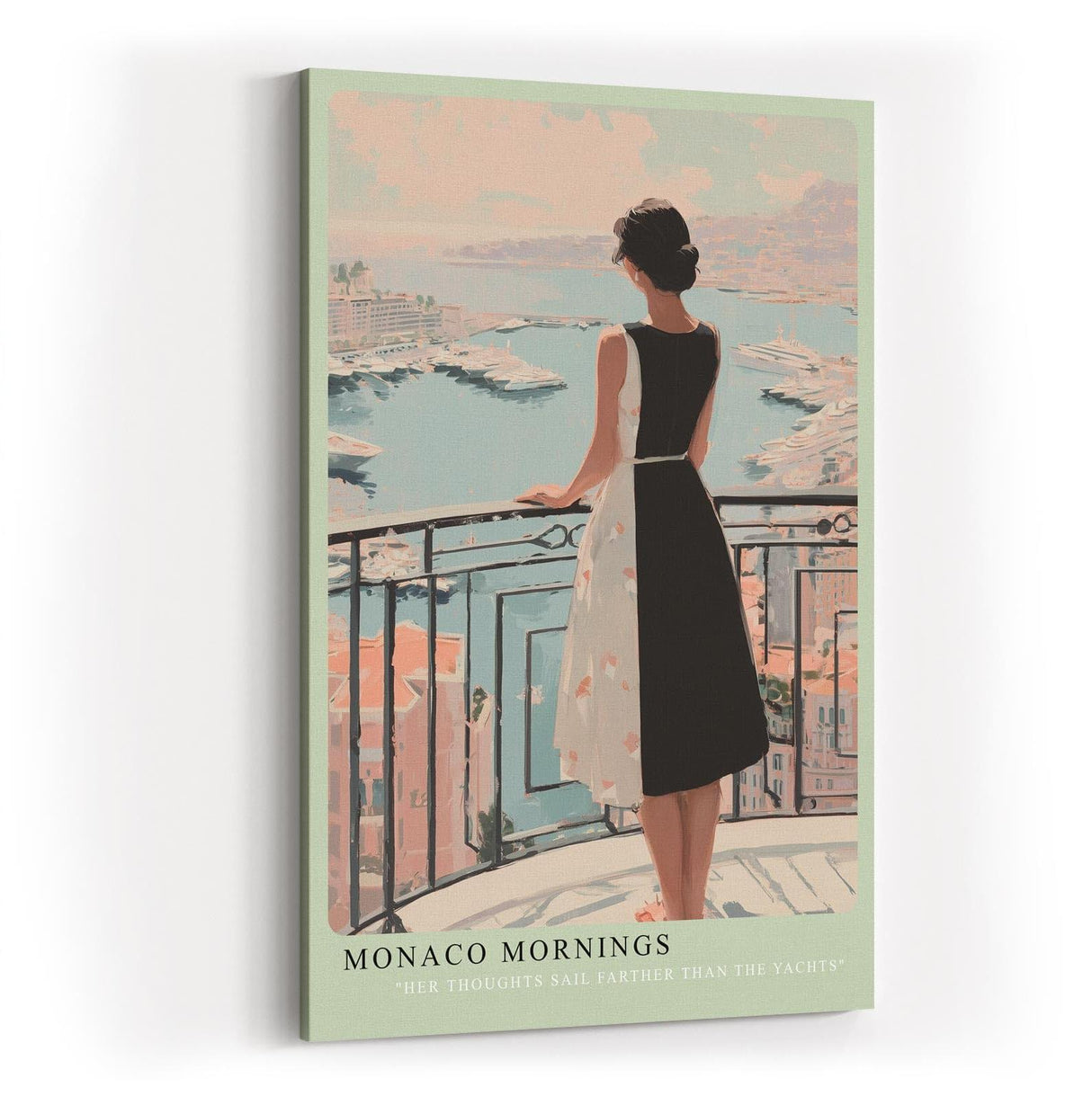 Paul Sinus Wandbild in 40x60cm Monaco Mornings – Elegantes Porträt einer Frau auf einem Balkon mit Blick auf den Hafen von Monaco, moderne Bilder in warmen Pastelltönen