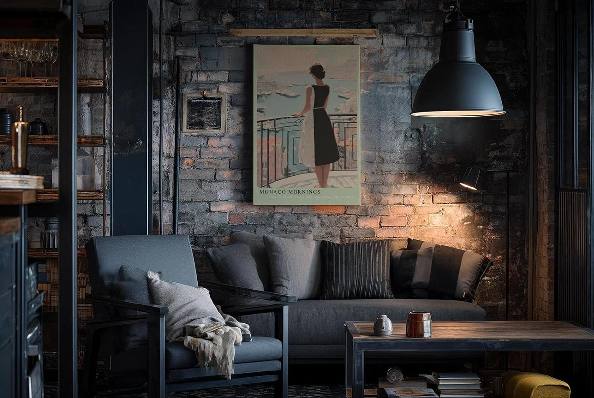 Paul Sinus Wandbild in 40x60cm Monaco Mornings – Elegantes Porträt einer Frau auf einem Balkon mit Blick auf den Hafen von Monaco, moderne Bilder in warmen Pastelltönen