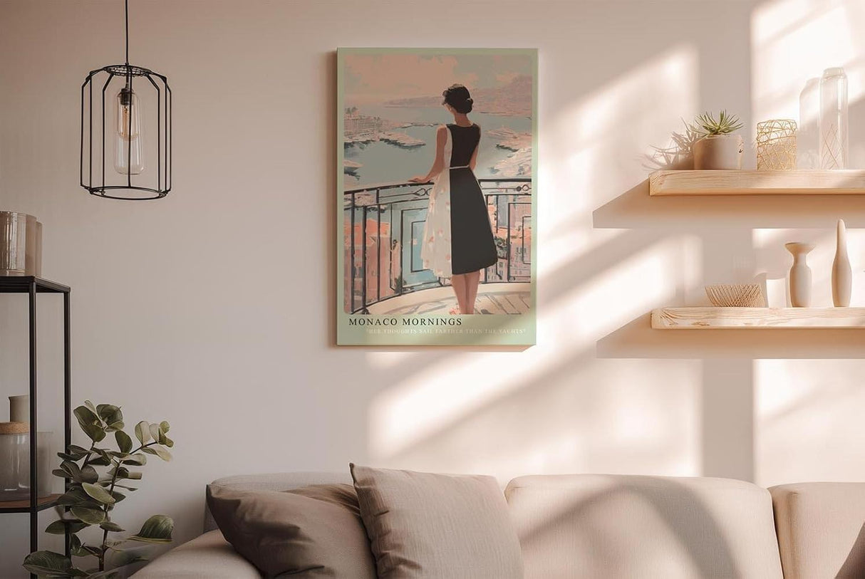 Paul Sinus Wandbild in 40x60cm Monaco Mornings – Elegantes Porträt einer Frau auf einem Balkon mit Blick auf den Hafen von Monaco, moderne Bilder in warmen Pastelltönen