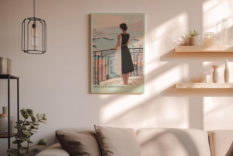 Paul Sinus Wandbild in 40x60cm Monaco Mornings – Elegantes Porträt einer Frau auf einem Balkon mit Blick auf den Hafen von Monaco, moderne Bilder in warmen Pastelltönen