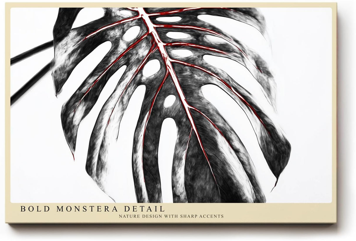 Paul Sinus Wandbild 120x80cm Monstera Blatt Detail Schwarz Weiss mit roten Linien moderne botanische Kunst Makro Pflanzenbild für Wohnzimmer Büro