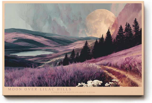 Paul Sinus Wandbild 120x80cm Moon Over Lilac Hills romantische Landschaft mit Mond und lilafarbenen Hügeln Natur Poster für Wohnzimmer Schlafzimmer