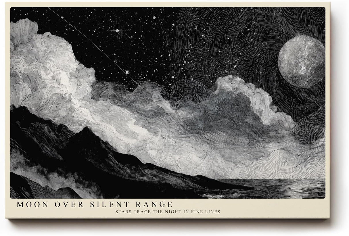 Paul Sinus Wandbild 120x80cm Moon Over Silent Range schwarz weiß Nachtlandschaft mit Mond und Sternenhimmel Kunst Poster für Wohnzimmer Schlafzimmer