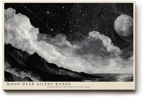 Paul Sinus Wandbild 120x80cm Moon Over Silent Range schwarz weiß Nachtlandschaft mit Mond und Sternenhimmel Kunst Poster für Wohnzimmer Schlafzimmer