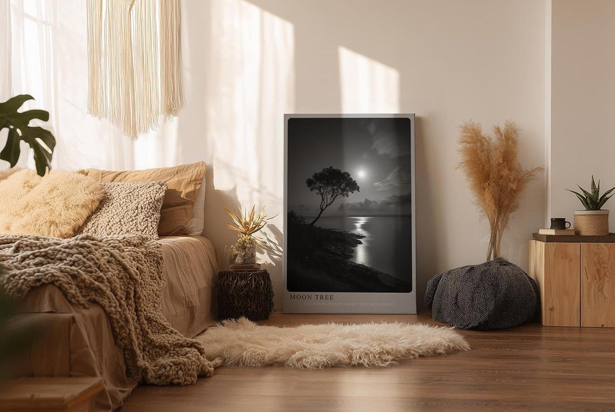 Paul Sinus Wandbild in 40x60cm Moon Tree – stimmungsvolle Schwarz-Weiß-Landschaft mit Baum am Ufer im Mondlicht