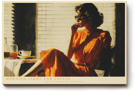 Paul Sinus Wandbild 120x80cm Morning Light and Coffee Vintage Szene mit Frau und Kaffee Moderne Lifestyle Kunst fuer Wohnzimmer Kueche und Büro