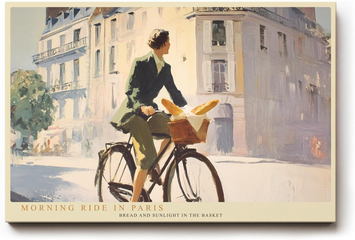 Paul Sinus Wandbild 120x80cm Morning Ride in Paris stilvolle Paris Szene Frau mit Fahrrad und Baguette romantische Stadt Kunst Poster für Wohnzimmer Küche Café