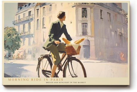 Paul Sinus Wandbild 120x80cm Morning Ride in Paris stilvolle Paris Szene Frau mit Fahrrad und Baguette romantische Stadt Kunst Poster für Wohnzimmer Küche Café