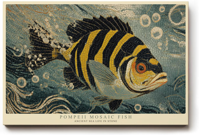 Paul Sinus Wandbild 120x80cm Mosaik Fisch Antike Kunst LeinWandbild 120x80cm Mediterrane Wanddekoration Klassisches Meeresmotiv