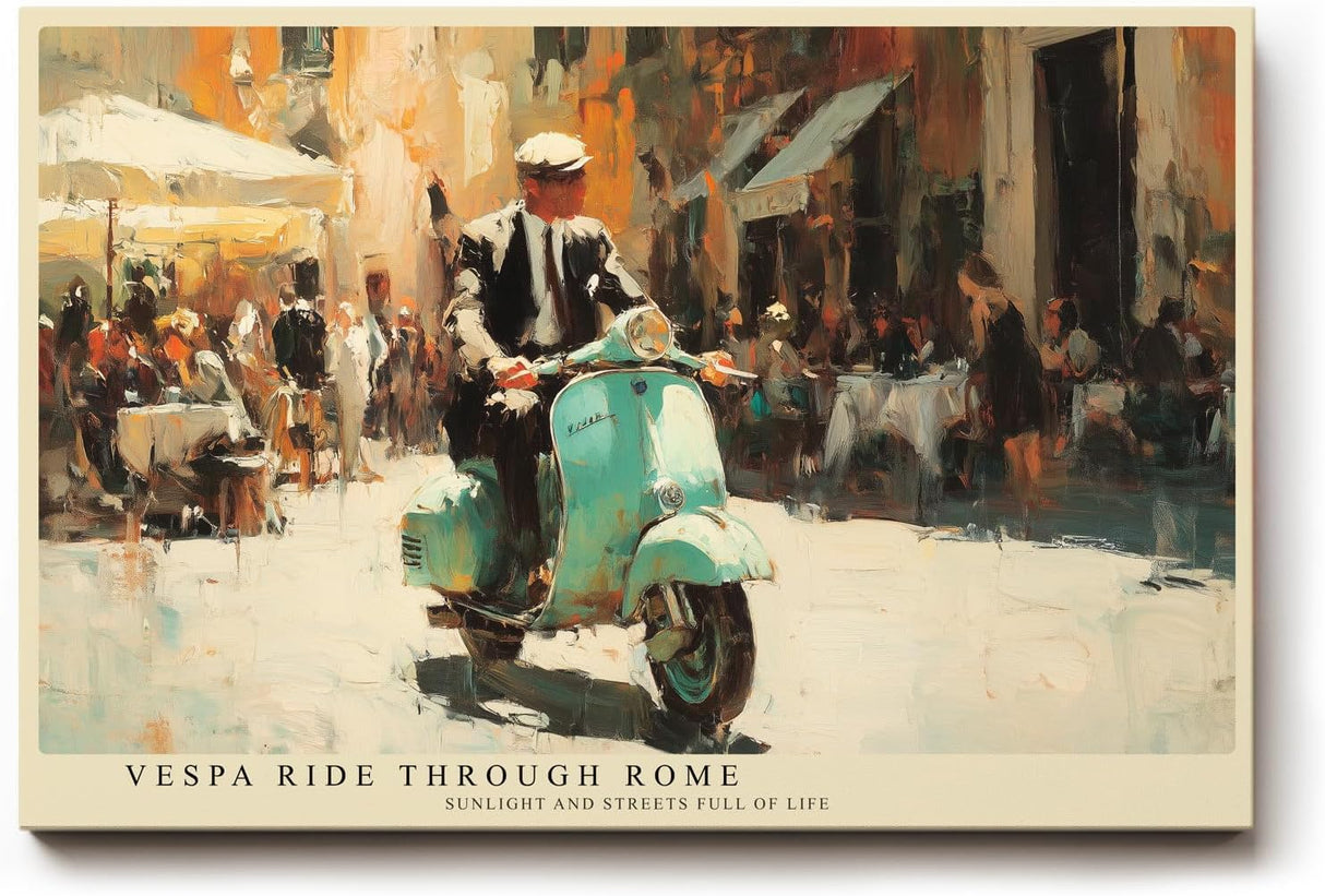 Paul Sinus Wandbild 120x80cm MotorrollerFahrt durch Rom Italienische Stadt Szene Kunst in Warmen Farben für Wohnzimmer Küche Büro