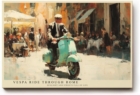 Paul Sinus Wandbild 120x80cm MotorrollerFahrt durch Rom Italienische Stadt Szene Kunst in Warmen Farben für Wohnzimmer Küche Büro