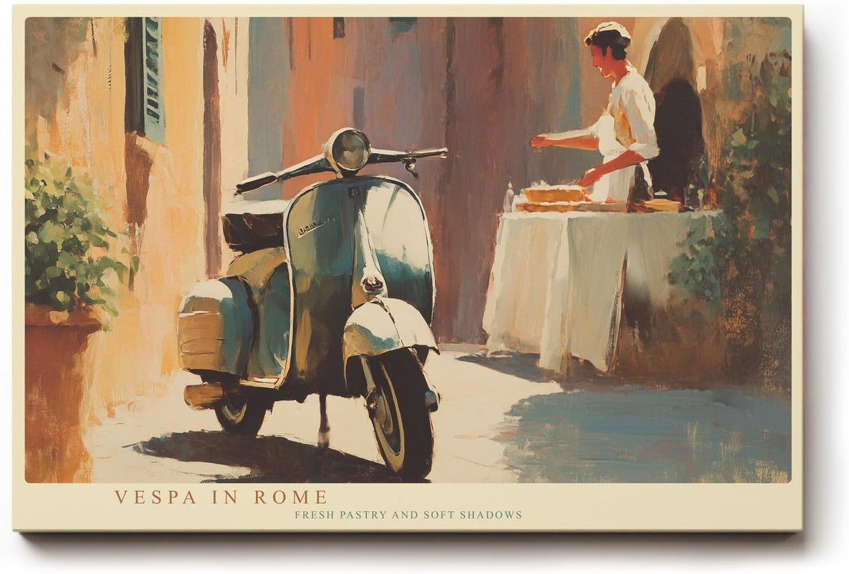 Paul Sinus Wandbild 120x80cm Motorrollerin Rome italienische Straßenszene mit Motorrollerund Bäckerei mediterrane Stadt Kunst Poster für Küche Wohnzimmer Café