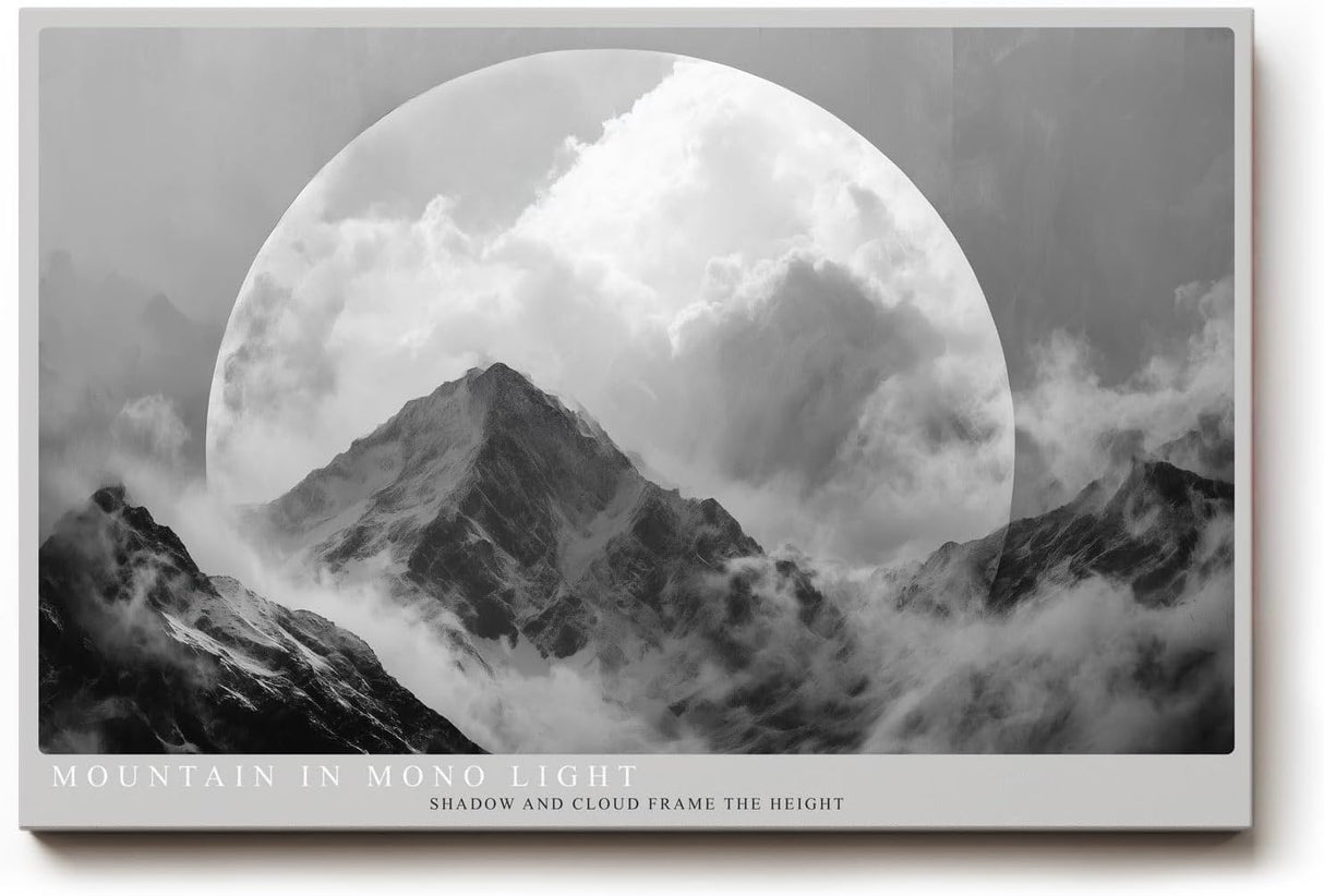 Paul Sinus Wandbild 120x80cm Mountain in Mono Light dramatische schwarz weiß Berglandschaft mit Mond moderne Natur Fotokunst Poster für Wohnzimmer Büro