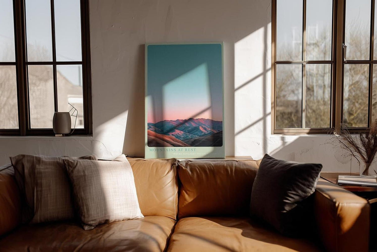 Paul Sinus Wandbild in 40x60cm Mountains at Rest mit von Sonnenlicht gefärbten Bergen unter klarem Himmel für elegante Wandgestaltung
