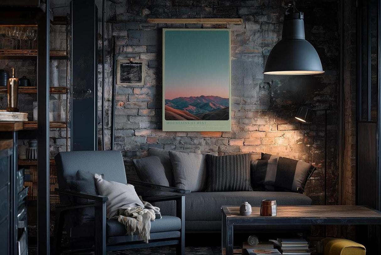 Paul Sinus Wandbild in 40x60cm Mountains at Rest mit von Sonnenlicht gefärbten Bergen unter klarem Himmel für elegante Wandgestaltung