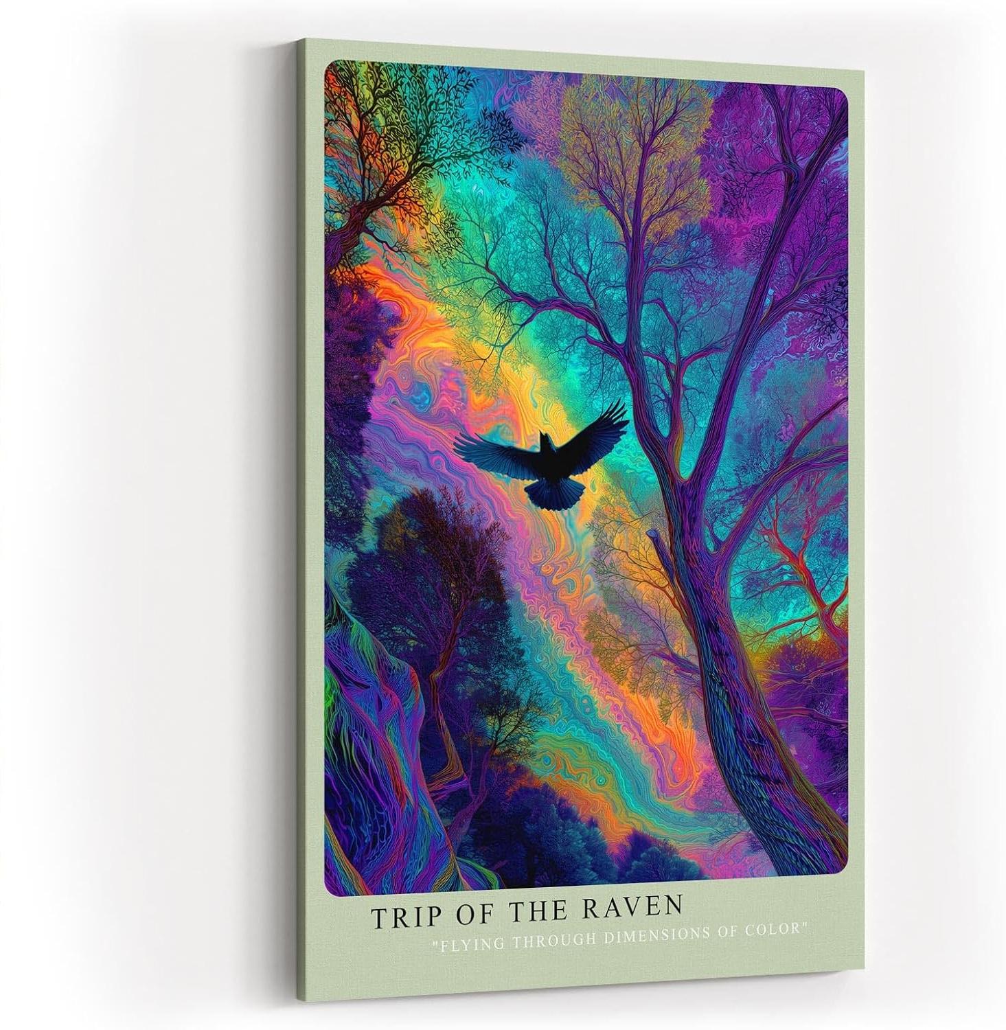 Paul Sinus Wandbild in 40x60cm Mystischer Rabe im farbintensiven Wald – surreales Kunstwerk mit leuchtenden Regenbogenfarben
