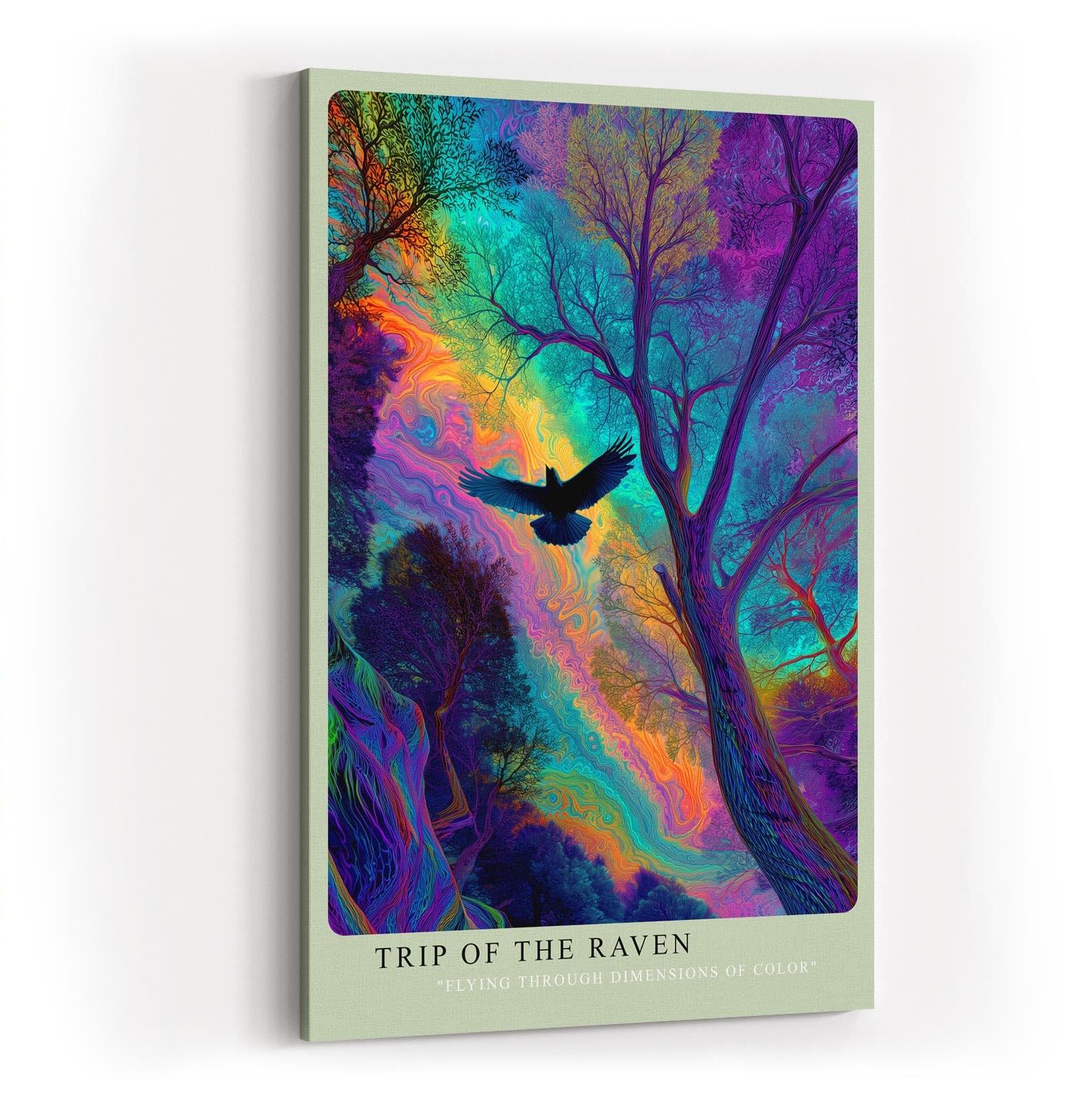 Paul Sinus Wandbild in 40x60cm Mystischer Rabe im farbintensiven Wald – surreales Kunstwerk mit leuchtenden Regenbogenfarben