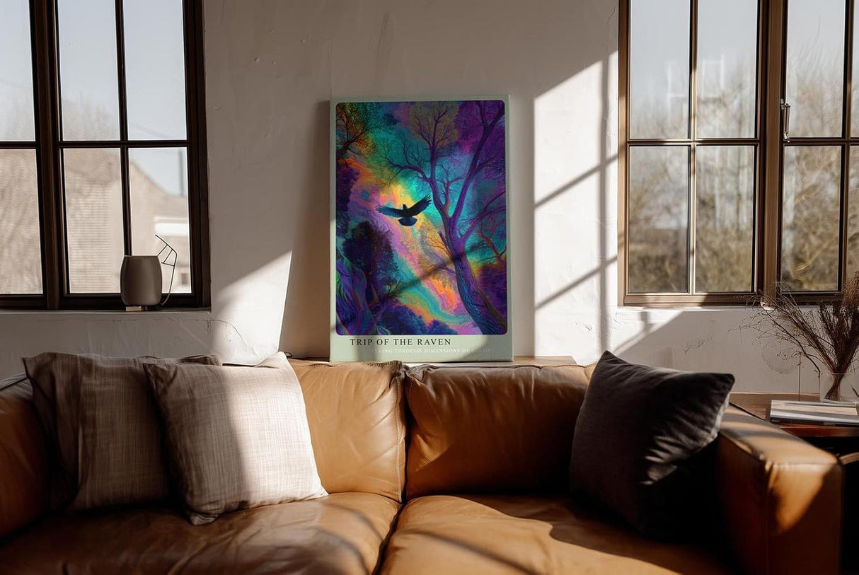 Paul Sinus Wandbild in 40x60cm Mystischer Rabe im farbintensiven Wald – surreales Kunstwerk mit leuchtenden Regenbogenfarben