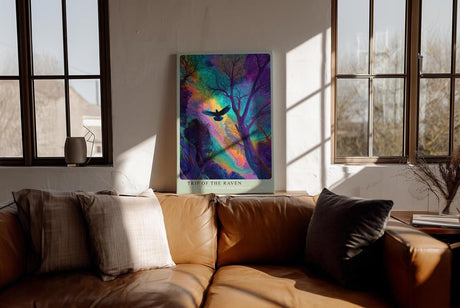 Paul Sinus Wandbild in 40x60cm Mystischer Rabe im farbintensiven Wald – surreales Kunstwerk mit leuchtenden Regenbogenfarben
