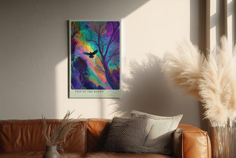 Paul Sinus Wandbild in 40x60cm Mystischer Rabe im farbintensiven Wald – surreales Kunstwerk mit leuchtenden Regenbogenfarben