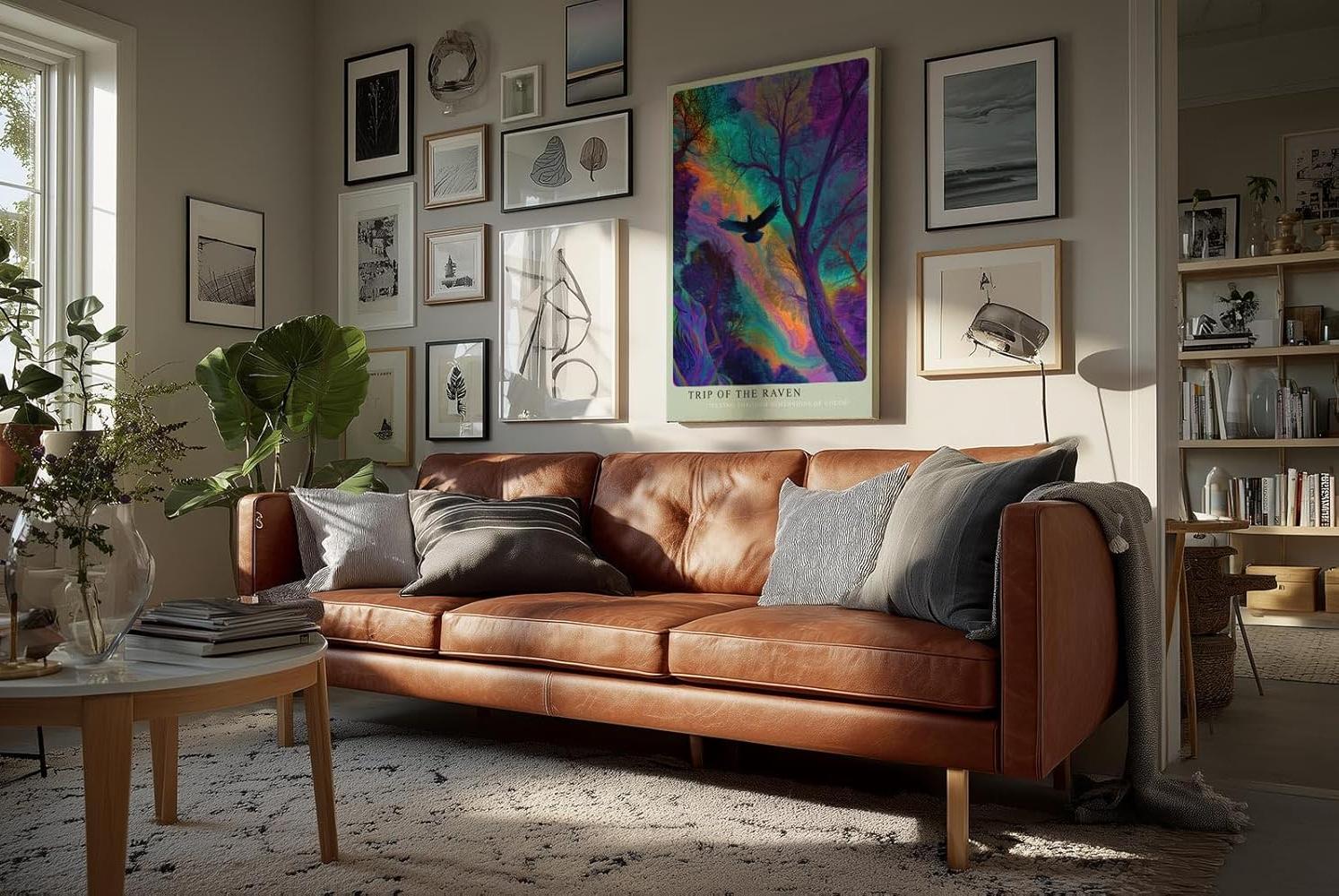 Paul Sinus Wandbild in 40x60cm Mystischer Rabe im farbintensiven Wald – surreales Kunstwerk mit leuchtenden Regenbogenfarben